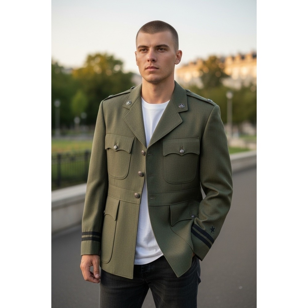 Vintage Mens Olive Green Military Field Jacket Wool Blend Utility Coat Star Pat